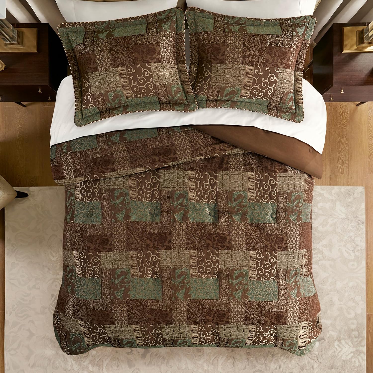 Croscill King Comforter Set, Luxe Chenille Jacquard Patchwork, Microfiber Twill Comforter for a King-Size Bed, Oversized Comforter King Bedding, 2 Shams & Bedskirt, Galleria, King, Brown