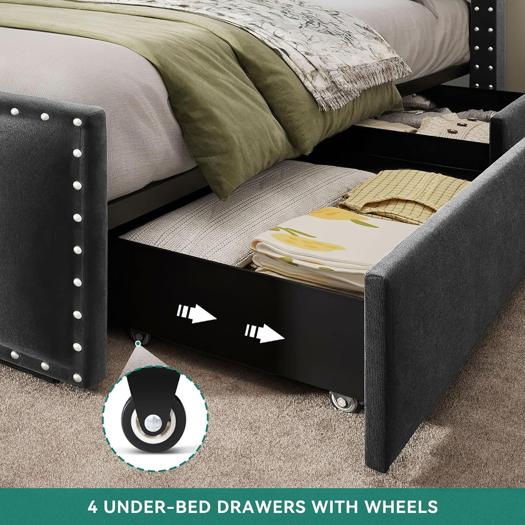 DWVO Queen Size Bed Frame with 4 Storage Drawers and RGB LED Lights, Velvet Upholstered Platform Bed with Charging Station and Bookcase Storage Headboard, No Box Spring Needed, Easy Assembly, Grey