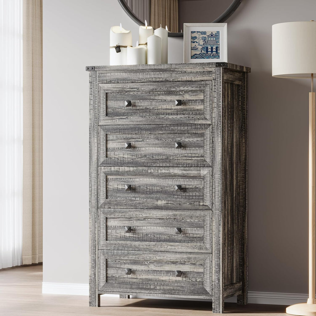 BORNOON Tall 5-Drawer Dresser, Modern Wooden Storage Chest of Drawers, Dresser TV Stand, Wood Drawer Organizer with Metal Handles for Bedroom, Living Room, Hallway