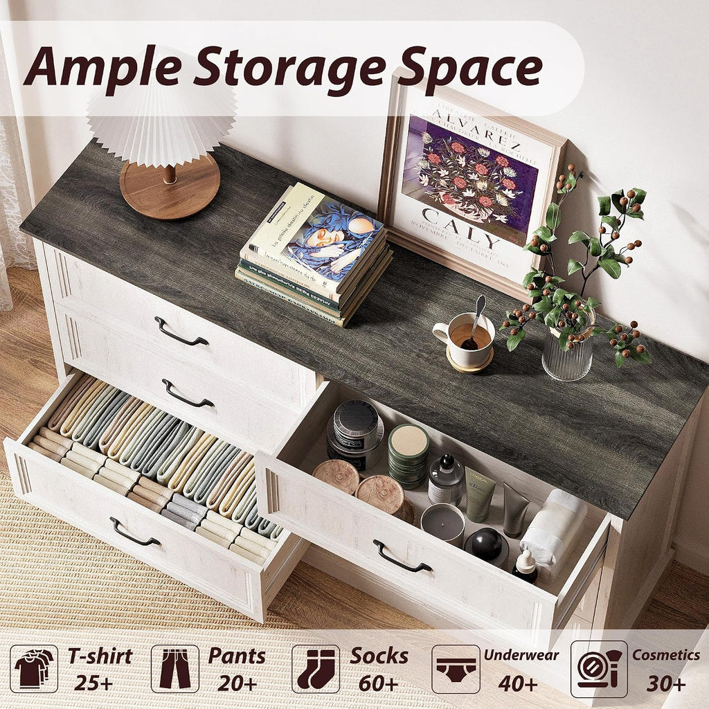 Tradare 3 Pcs Farmhouse Dresser and Nightstand Sets for Bedroom, 6 Drawer Dresser & Nightstand Set of 2, Rustic Wooden Chest of Drawers Wide Storage Organizer for Bedroom, White