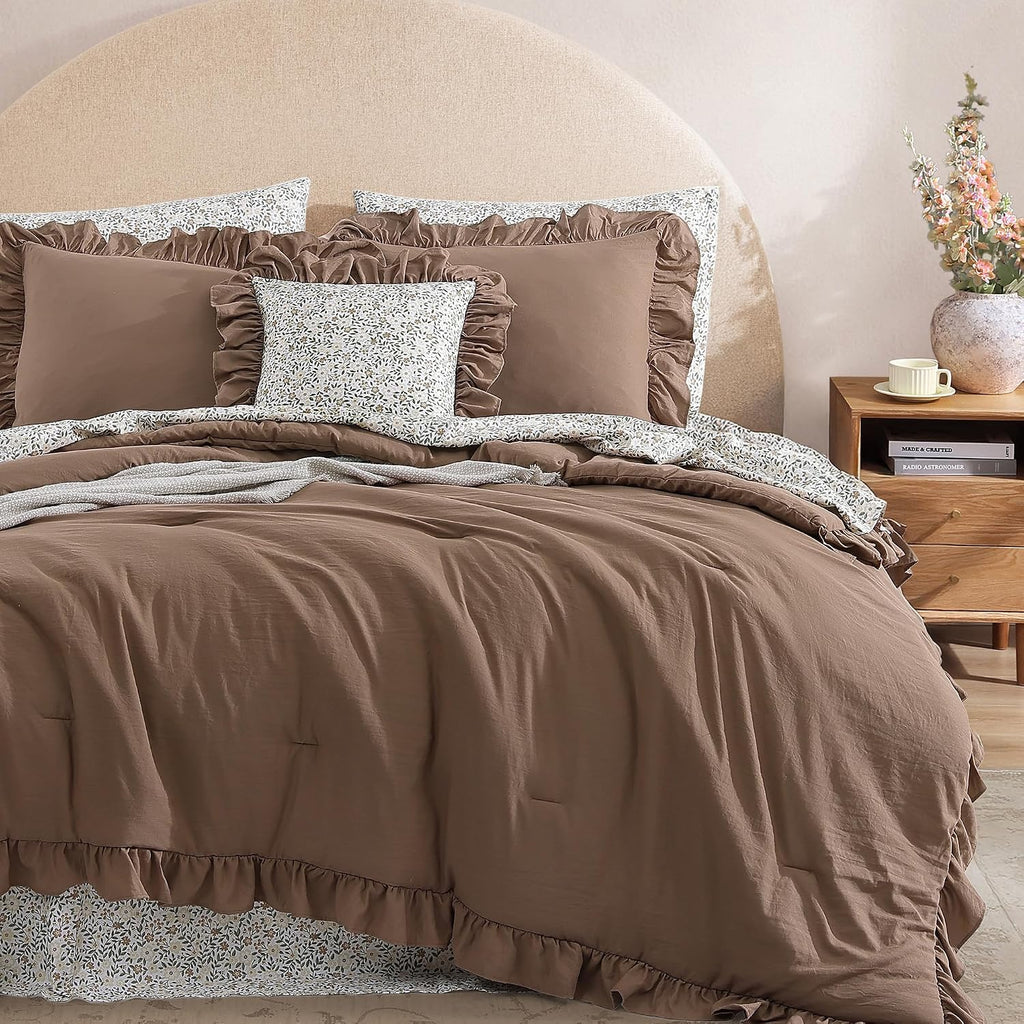BLOOMHAVEN Oversized King Comforter Set - 7 Pieces Ruffle Amber Brown Bedding Sets, Shabby Chic Farmhouse Bed in a Bag with Ruffle Comforter, Floral Sheets, Pillowcases & Shams