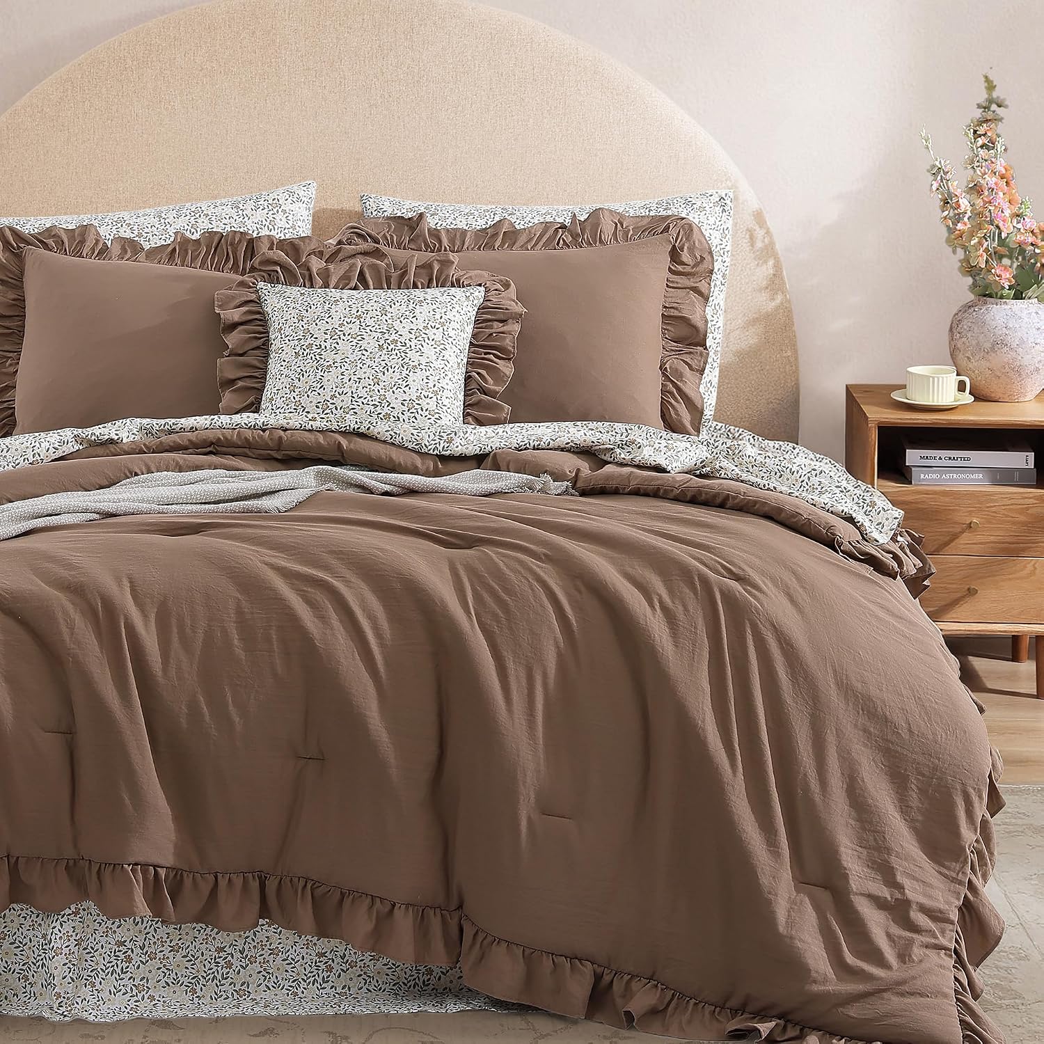 BLOOMHAVEN Oversized King Comforter Set - 7 Pieces Ruffle Amber Brown Bedding Sets, Shabby Chic Farmhouse Bed in a Bag with Ruffle Comforter, Floral Sheets, Pillowcases & Shams