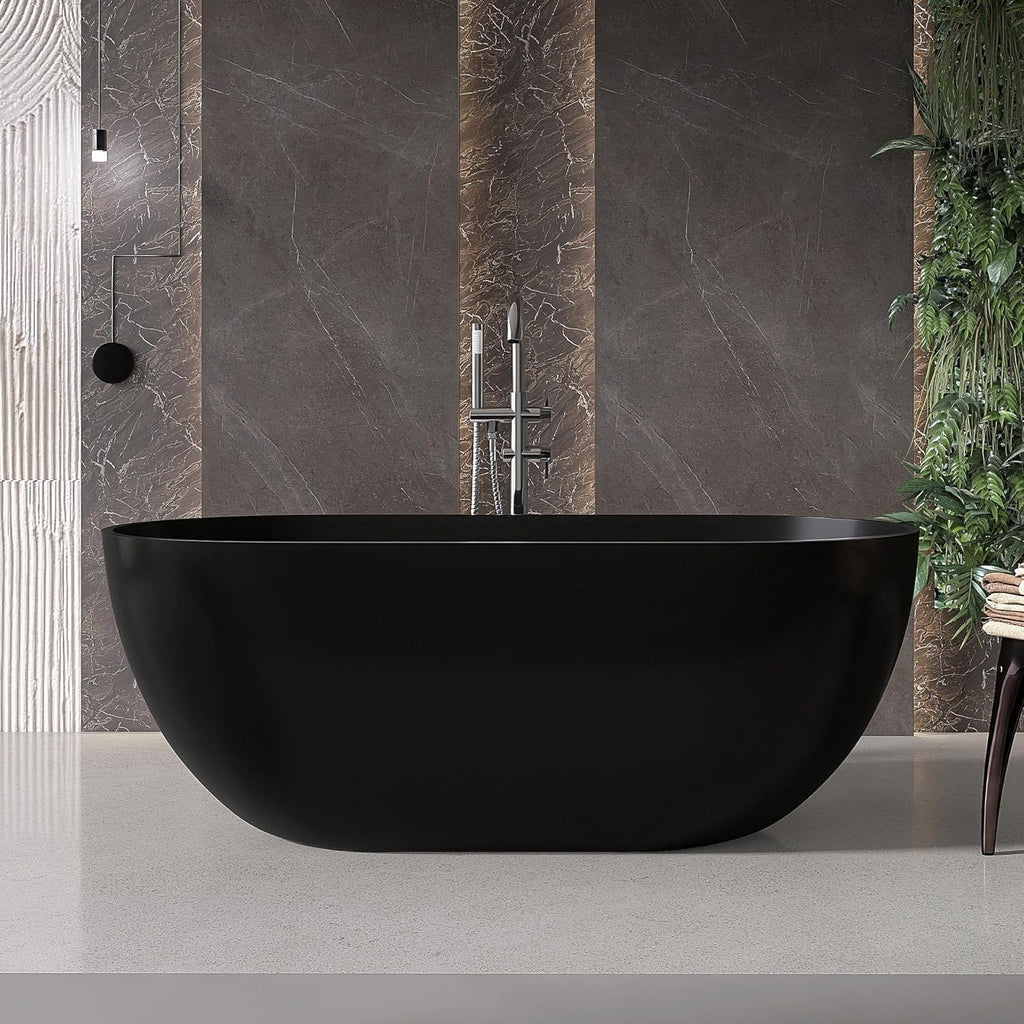59'' Resin Stone Freestanding Bathtub, Matte Black Soaking Tub Solid Surface Modern Tubs with Overflow and Pop-up Drain in