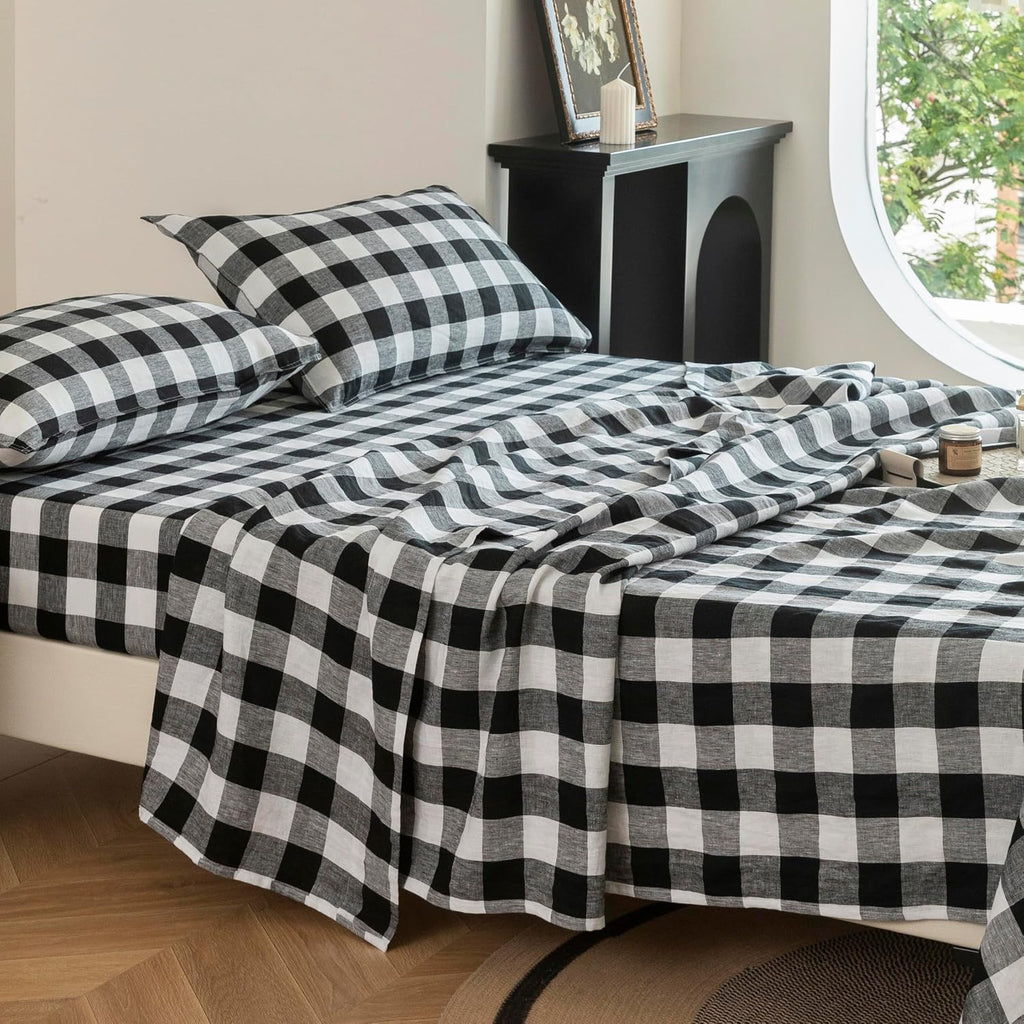 EVERLY Linen Sheets Set King Size,100% French Stonewash Pure Linen Bed Sheets,4Pieces (1Flat Sheet,1Fitted Sheet,2Pillowcase) Suitable for Hot Sleepers,Deep Pocket Natural Bedding Set-Black Plaid