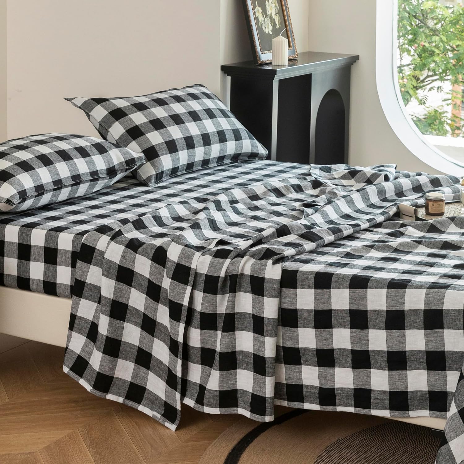 EVERLY Linen Sheets Set King Size,100% French Stonewash Pure Linen Bed Sheets,4Pieces (1Flat Sheet,1Fitted Sheet,2Pillowcase) Suitable for Hot Sleepers,Deep Pocket Natural Bedding Set-Black Plaid