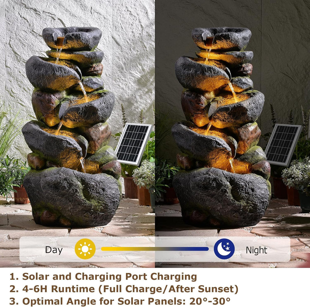 5-Tier Rock Solar Water Fountain Outdoor Garden, 36.2''Tall Cascading Natural Solar Powered Fountain Outdoor with LED Lights, Water Feature for Garden, Patio, Deck, Backyard Decor