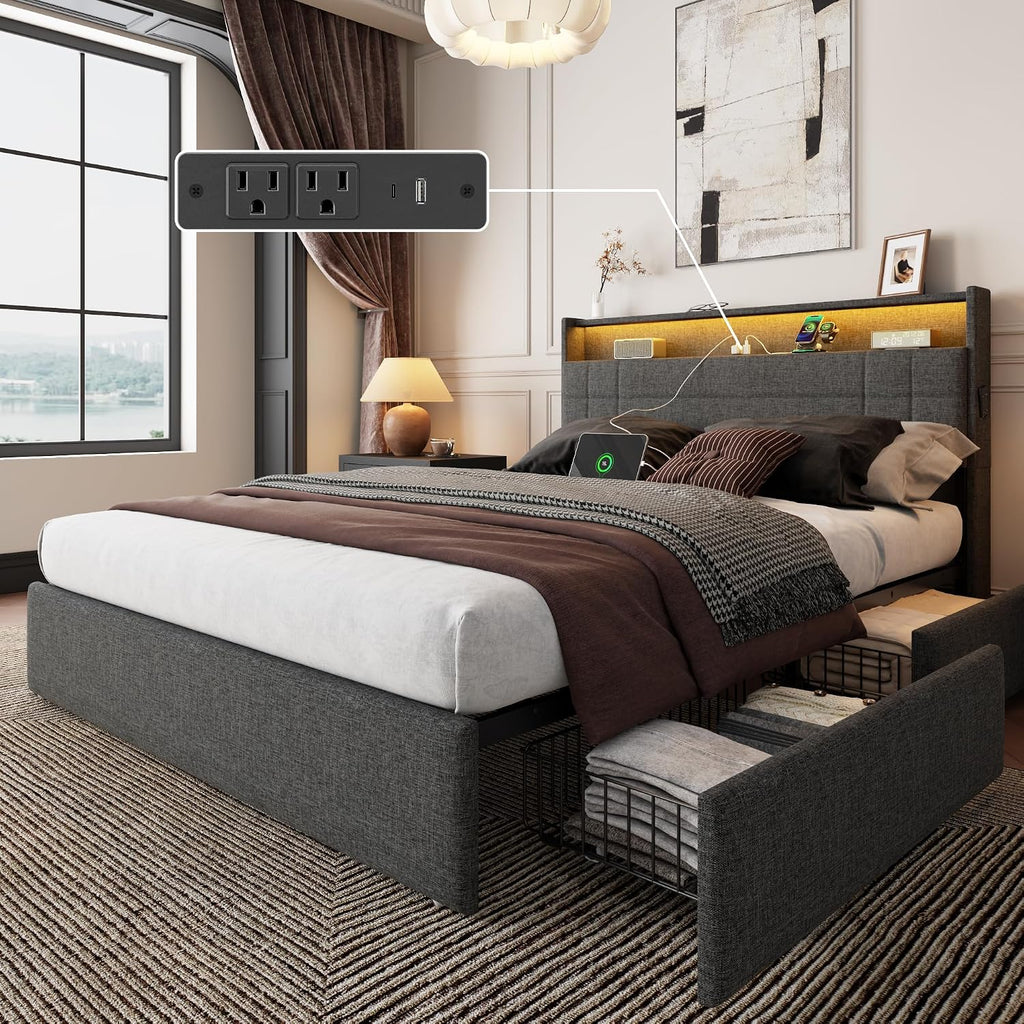 Forestell Full Size Bed Frame with 4 Drawers and Storage Headboard, Grey Upholstered Platform Bed Frame Full Size with Charging Station and LED Lights, Metal Slats Support, No Box Spring Needed