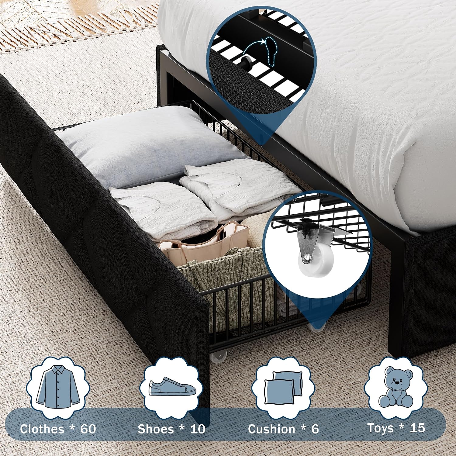 GalnFu Twin Bed Frame with 4 Large Storage Drawers, Upholstered Platform Bed with Charging Station, Modern Wingback Storage Headboard, Easy Assembly,Noise-Free, Black