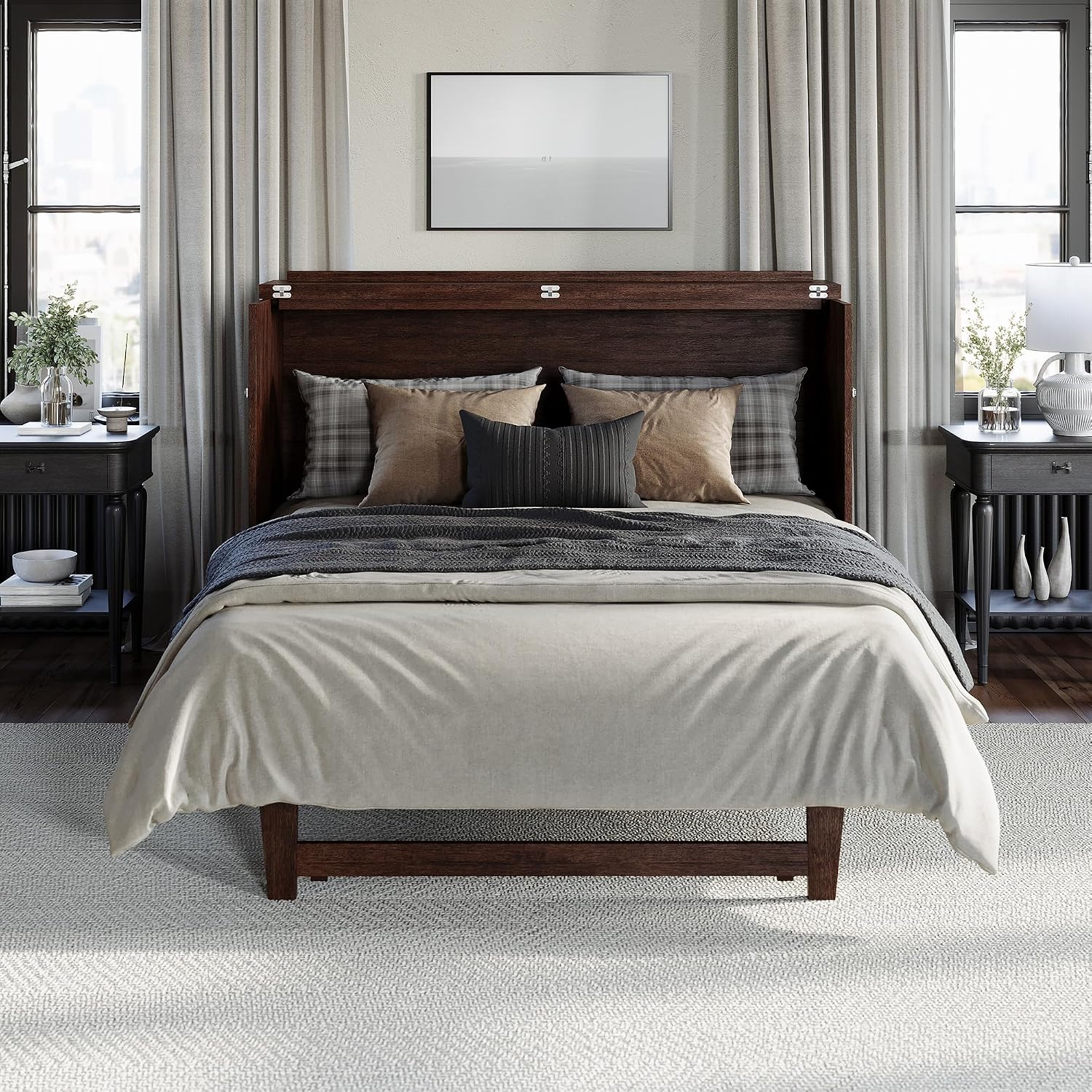 AFI, Northfield Murphy Bed Chest Queen with 6' Mattress, Storage Drawer & Built-in USB Charger, Burnt Amber