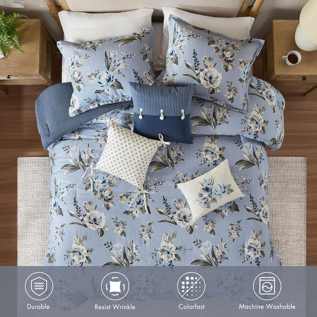 Madison Park Vintage Floral Reversible Comforters Set, Cal King Size Bed, All Season, Down Alternative Bedding Comforter, Bedskirt, Pillows, Shams, Blue 7 Piece