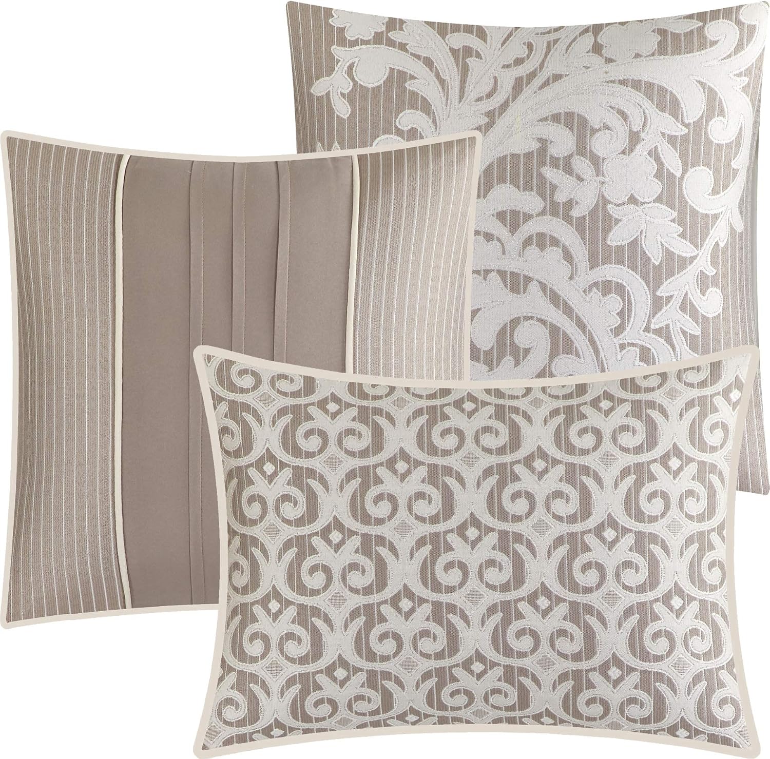Grand Avenue Taupe Cal King Comforter Set, 7 Piece, Bedding Sets & Collections, Pillow Shams Bedskirt, Jacquard Floral Beddings