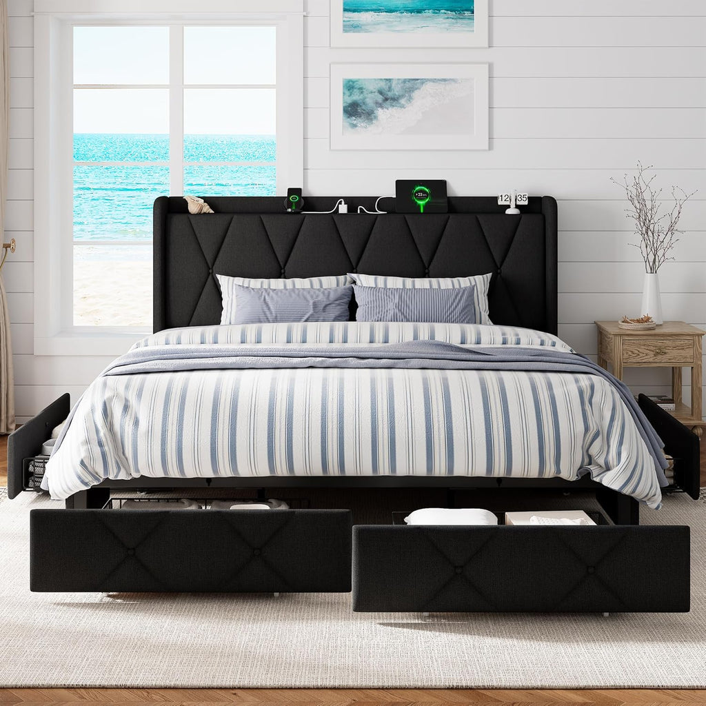 GalnFu King Bed Frame with 4 Storage Drawers, Upholstered Platform Bed with Charging Station, Modern Wingback Storage Headboard, Easy Assembly,Noise-Free, Black