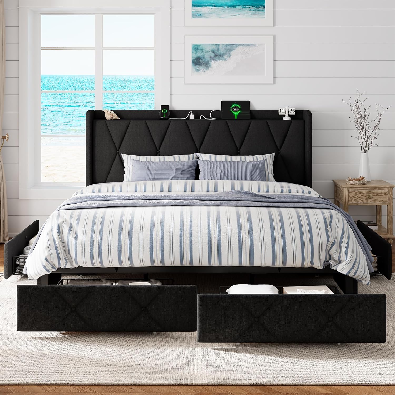 GalnFu King Bed Frame with 4 Storage Drawers, Upholstered Platform Bed with Charging Station, Modern Wingback Storage Headboard, Easy Assembly,Noise-Free, Black