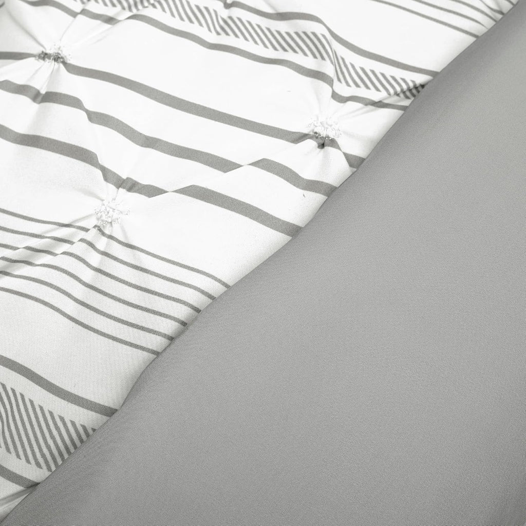 Lush Decor Ravello Pintuck Striped Comforter Set - Luxe 5 Piece Reversible Bedding Set - Traditional Glam & Farmhouse Inspired Bedroom Decor - Full/ Queen, Gray Stripe