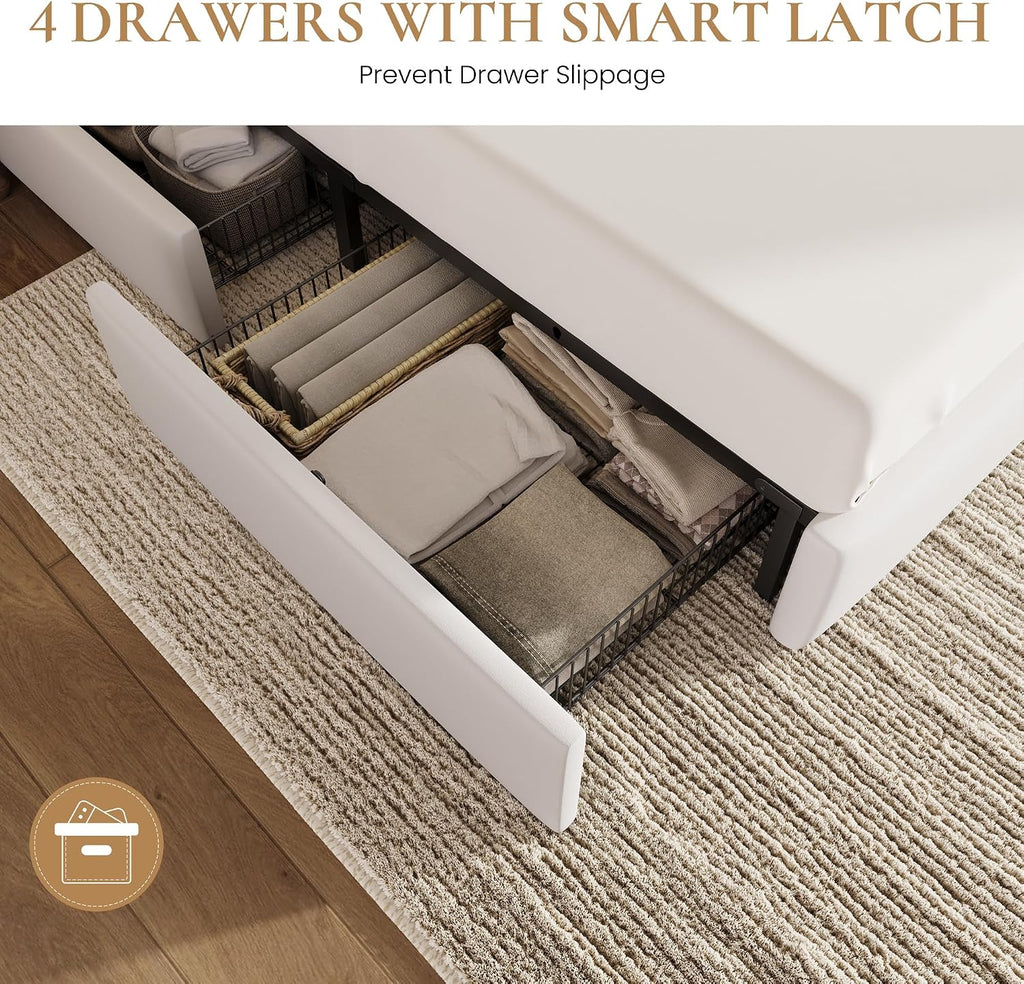 SHA CERLIN Full Size Platform Bed Frame with 4 Storage Drawers, Velvet Upholstered Headboard, Mattress Foundation with Wooden Slats Support, No Box Spring Needed, Easy Assembly, White