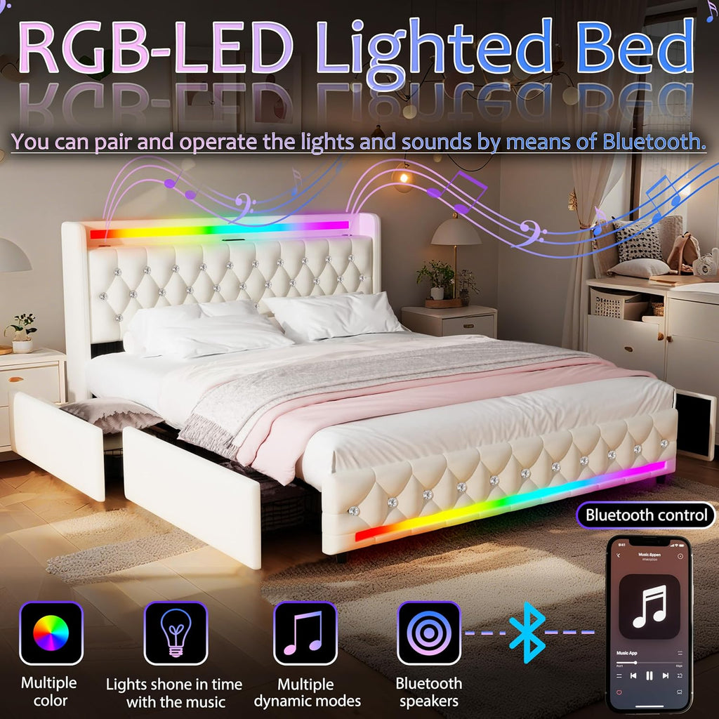Beige Full Bed Frame with Bluetooth Speakers,LED Headboard and Footboard & USB & Type-C Charging Station & 4 Drawers Storage,Wooden Slats Support,Velvet Upholstered Bed,Easy Assembly