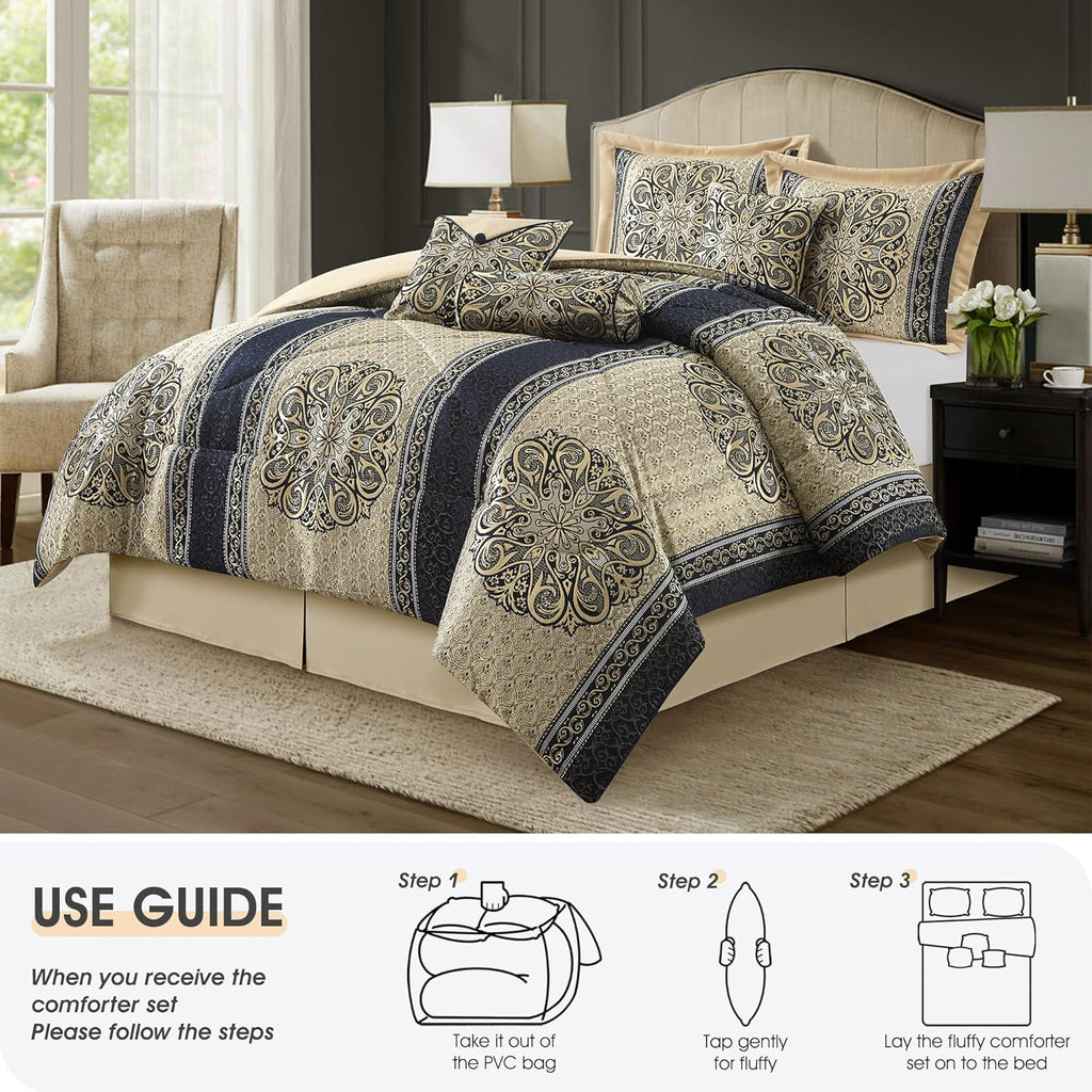 LANCO MODERN LIFESTYLE King Size Comforter Set, Navy Medallion Jacquard Design, Luxurious Bohemian 7 Pieces Bedding Set with Decorative Pillows and Bed Skirt