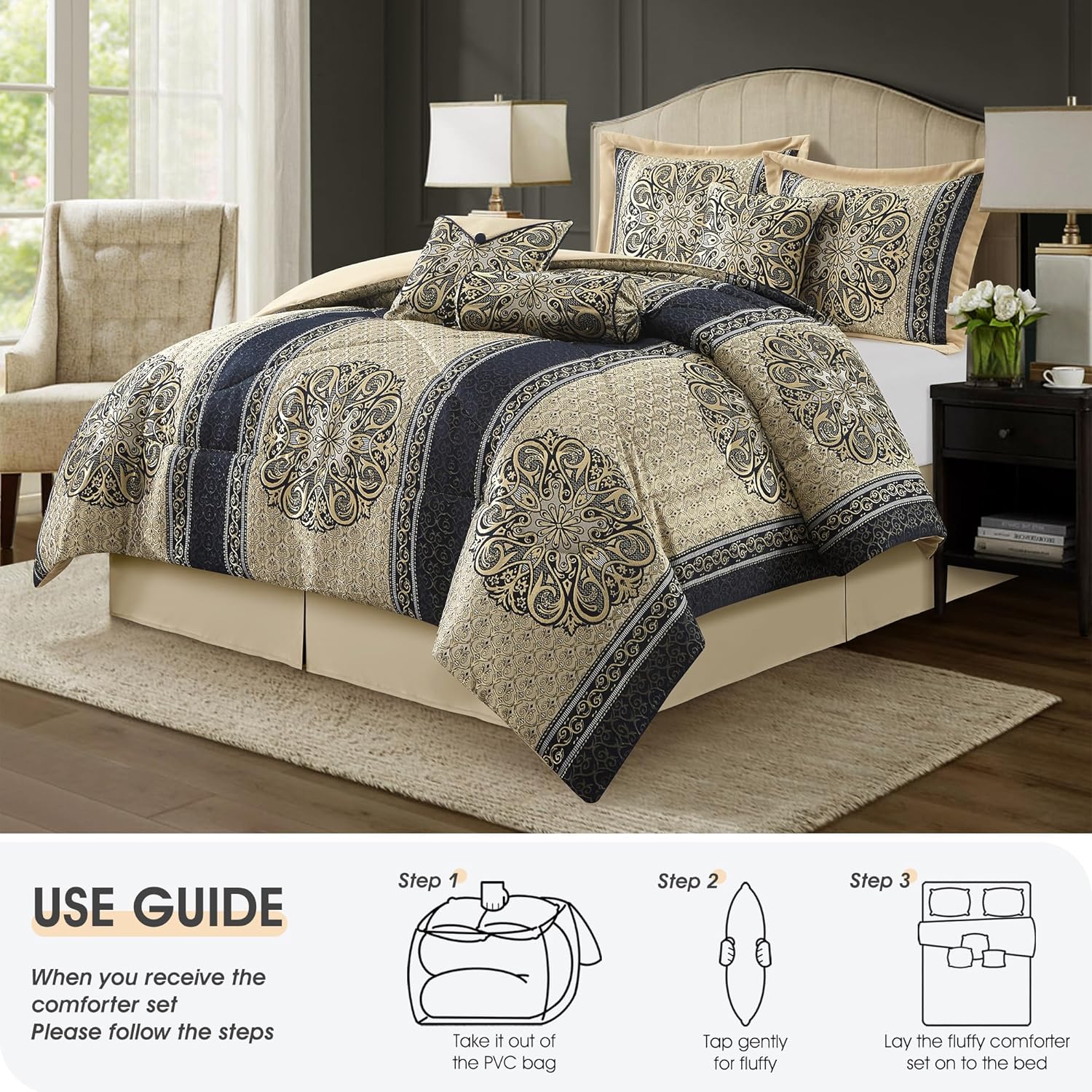 LANCO MODERN LIFESTYLE King Size Comforter Set, Navy Medallion Jacquard Design, Luxurious Bohemian 7 Pieces Bedding Set with Decorative Pillows and Bed Skirt
