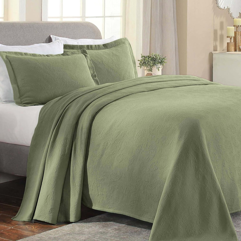 Superior Paisley Cotton 3 Piece Bedspread Set, Home Bed Decor, Decorative Textured Bed Spread, 2 Pillow Shams, Airy Blanket, Matelasse Coverlet Bedding, Vintage Floral Design, King, Sage
