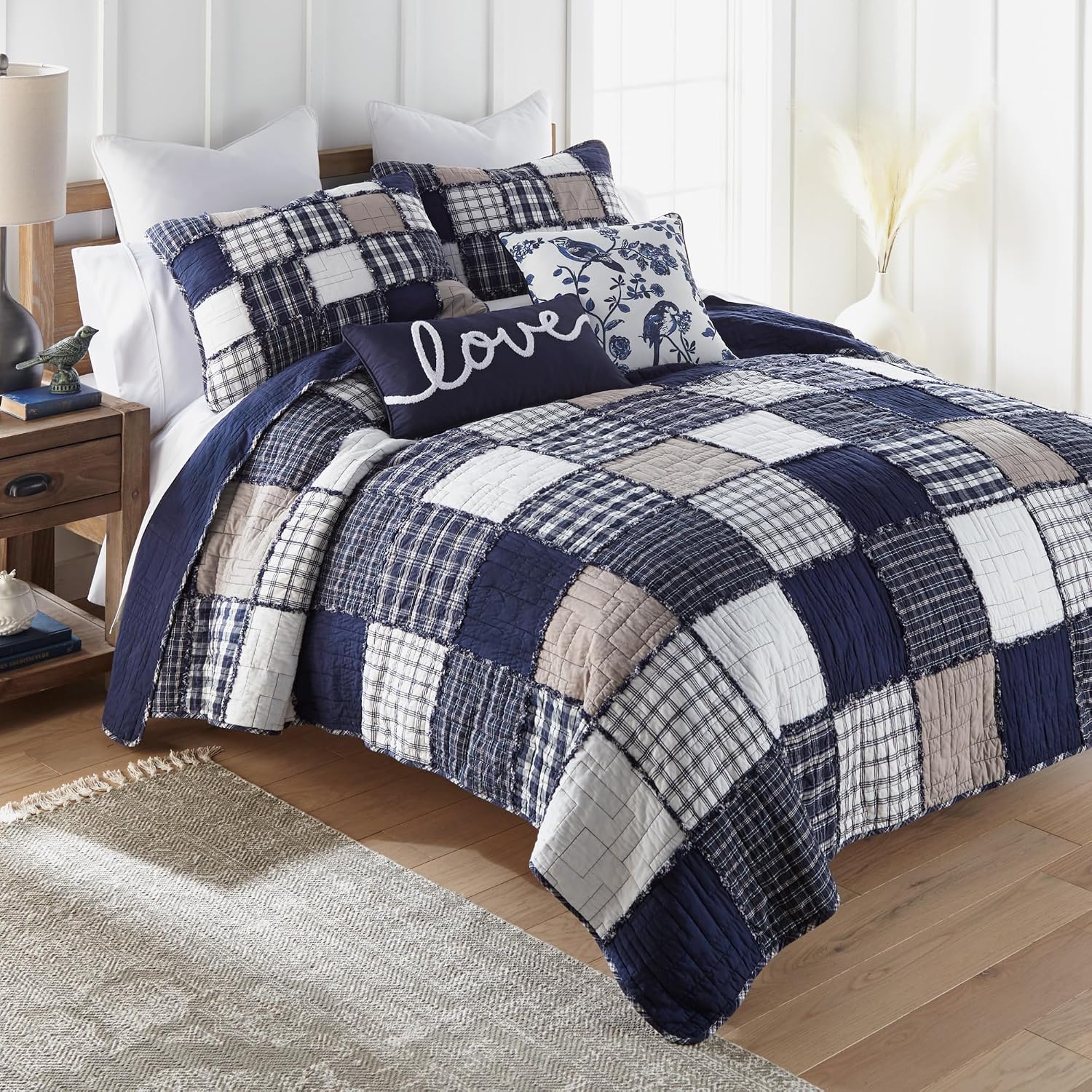 Donna Sharp Checkerboard Indigo- Queen Quilt Set, Measures 90 x 90, Includes 1 Quilt and 2 Standard Shams, Machine Washable