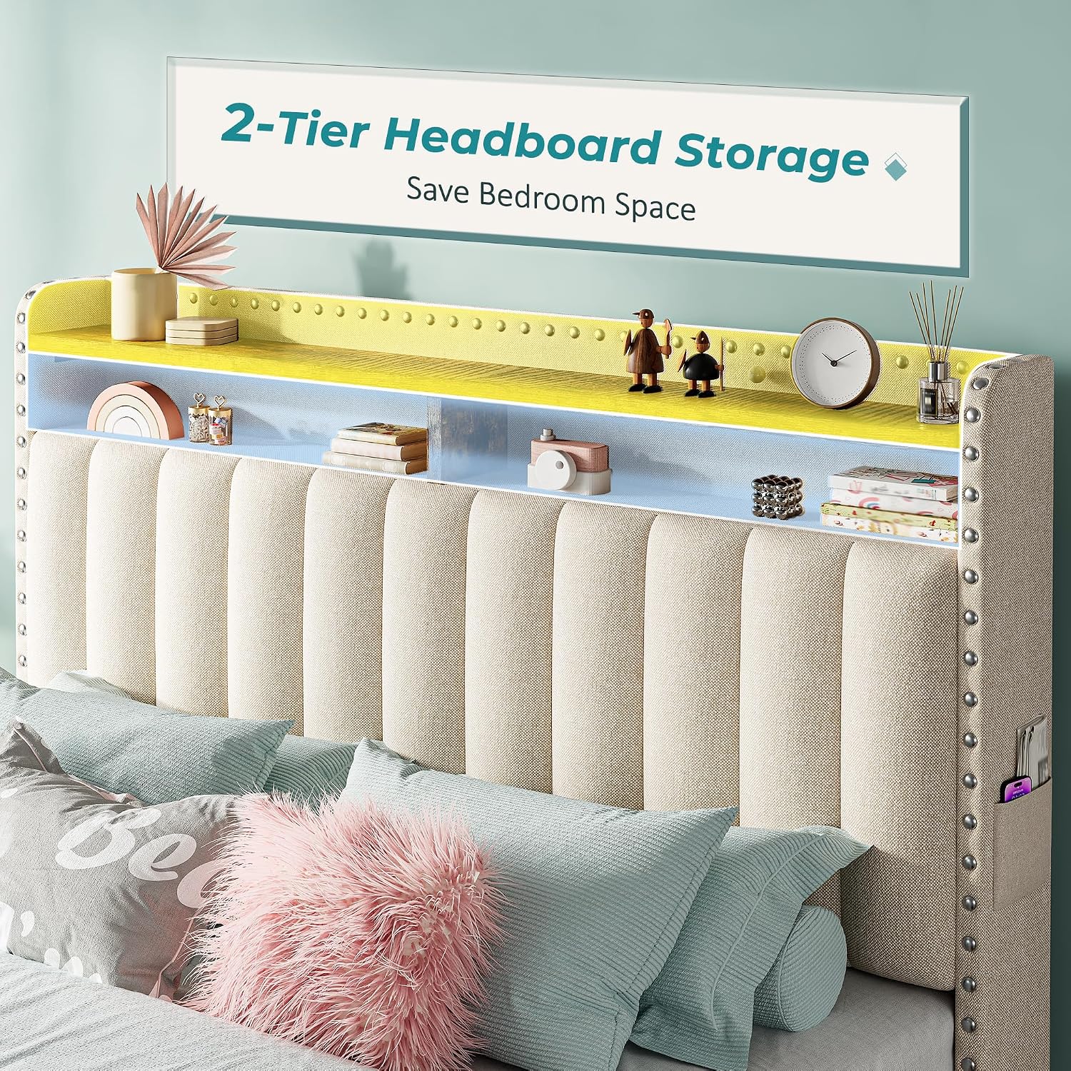 EnHomee Upholstered Full Bed Frame with 3 Storage Drawers, 2-Tier Storage Headboard, Platform Bed Frame with Wooden Slats Support, No Box Spring Needed, Beige