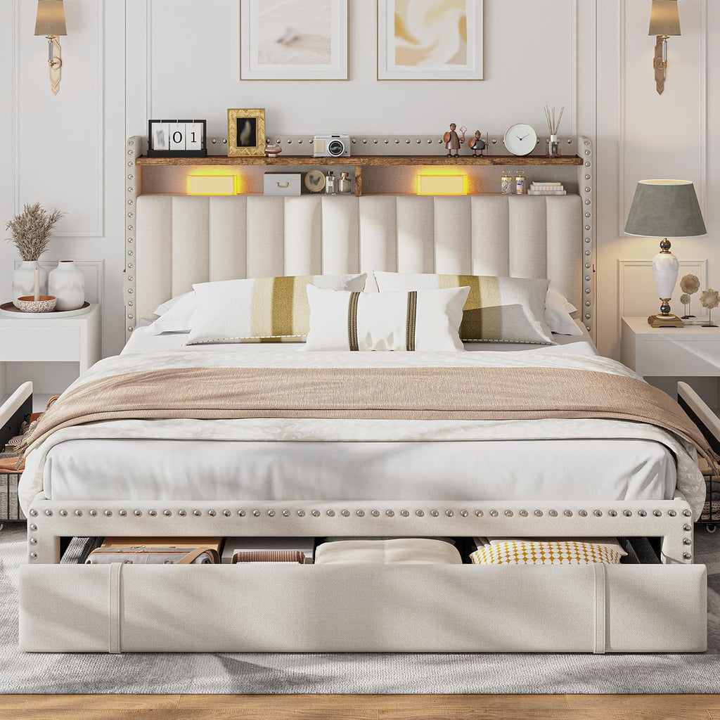 EnHomee Queen Bed Frame with 3 Storage Drawers & Upholstered Queen Size Bed Frame with 2-Tier Storage Headboard, Wooden Slats Support, No Box Spring Needed, Beige