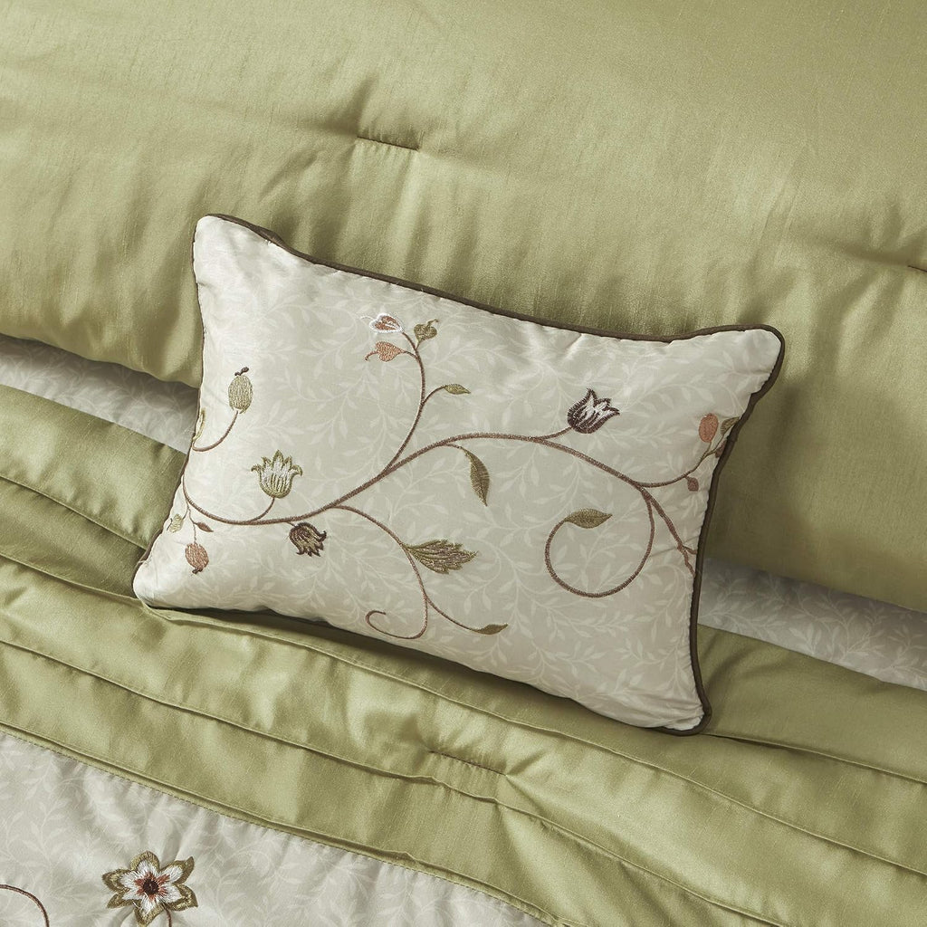 Madison Park Serene Faux Silk Comforter Set - Floral Embroidery Design, All Season Bedding Set, Matching Bed Skirt, Decorative Pillows, Green Queen(90'x90') 7 Piece