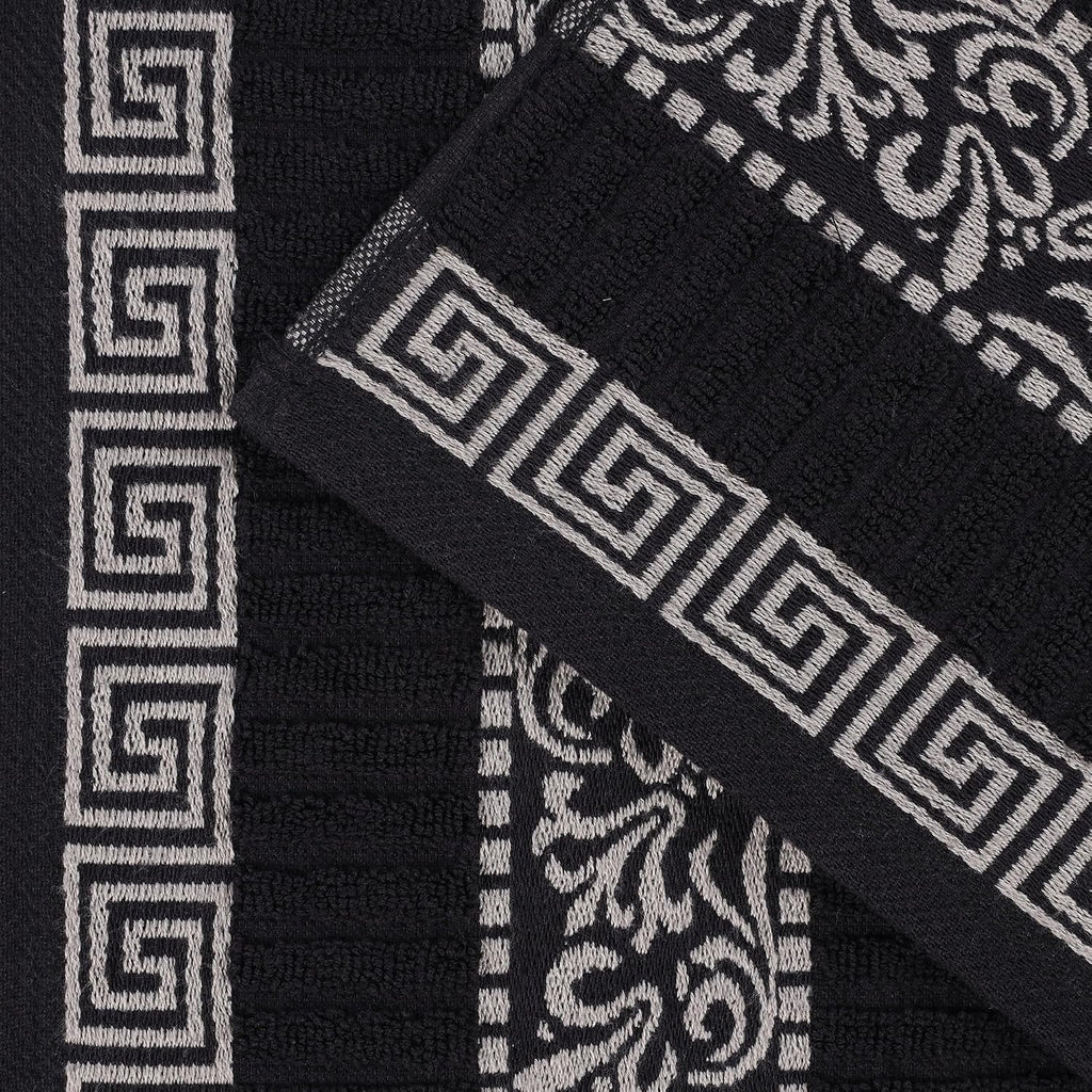 Superior 6-Piece Cotton Towel Set, Decorative Greek Pattern, Home Essentials, Absorbent Towels, Bathroom Decor, Spa, Resort, Includes 2 Hand, 2 Face and 2 Bath Towels, Athens Collection, Black-Chrome