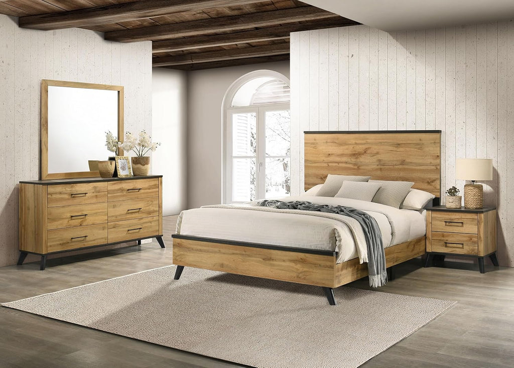 Coaster Home Furnishings Kaywood Mid-Century Modern 4-Piece Bedroom Set Queen Size Panel Bed Frame 52-inch Headboard Weathered Brown and Natural Pine 225001Q-S4