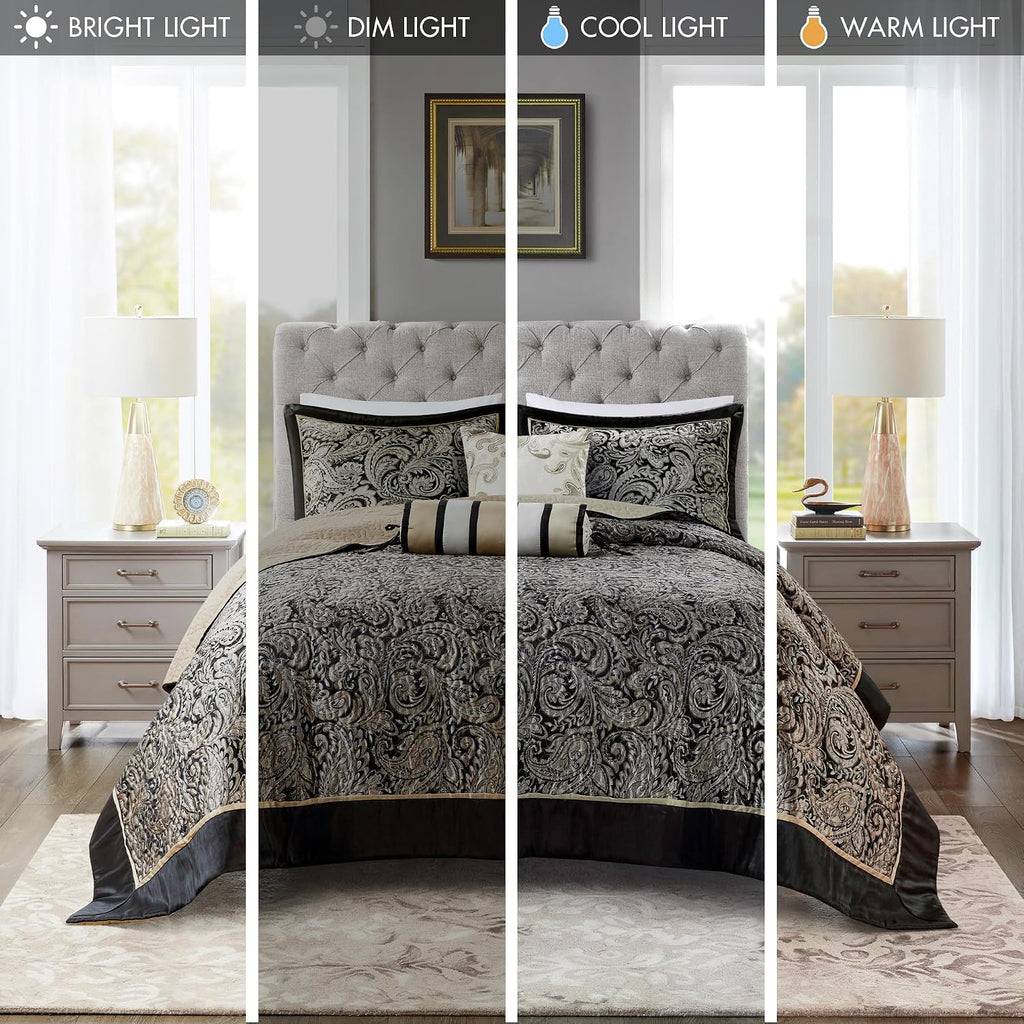 Madison Park Aubrey Reversible Quilted Bedspread Set, Solid Reverse Summer Breathable, Lightweight All Season Bedding Layer, Matching Shams, Bedspread Queen(102'x118'), Black 5 Piece