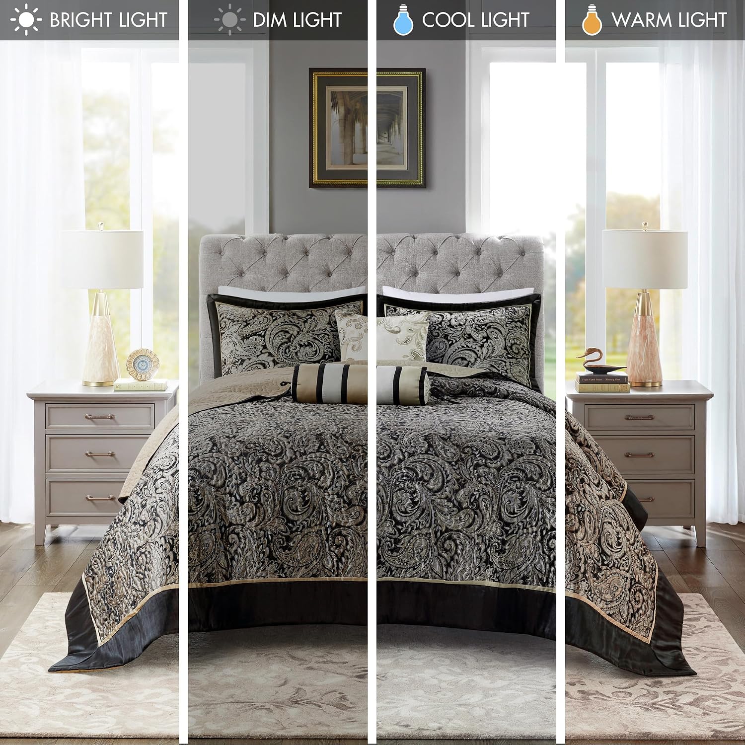 Madison Park Aubrey Reversible Quilted Bedspread Set, Solid Reverse Summer Breathable, Lightweight All Season Bedding Layer, Matching Shams, Bedspread King(120'x118'), Black 5 Piece