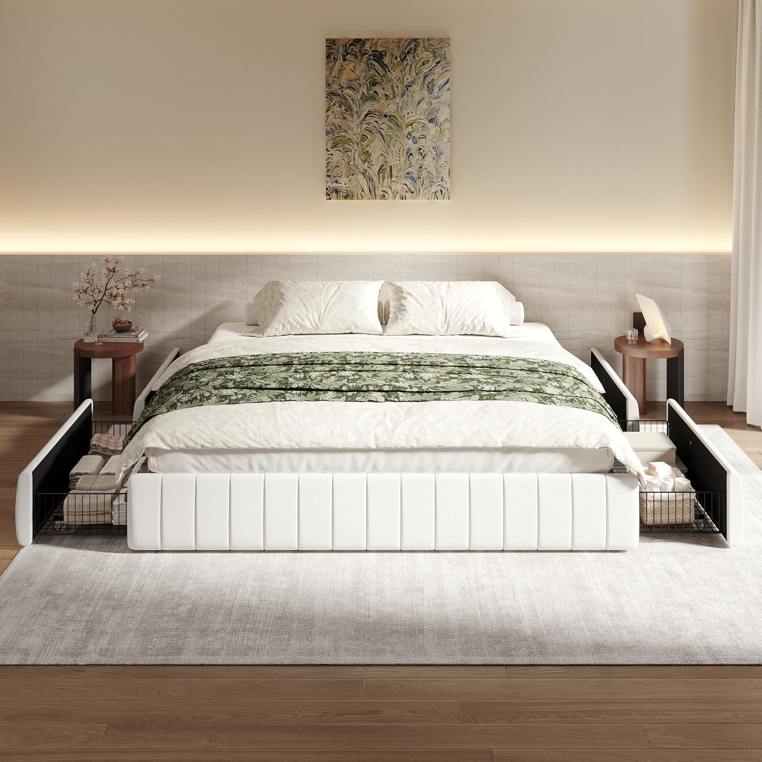 SHA CERLIN King Size Velvet Upholstered Platform Bed Frame with 4 Storage Drawers, Vertical Channel Tufted, Low Profile, Fits Standard Headboards, Wooden Slats Support, Easy Assembly, White