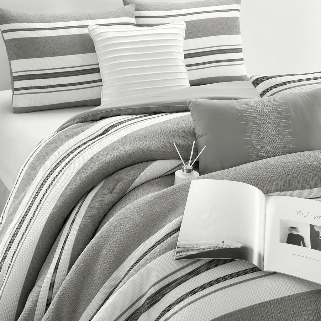 Stratford Park White Grey Comforter Set Queen Size, 7 Piece Geometric Jacquard Bedding Set, Matching Bedskirt, Pillows & Shams, Curtains