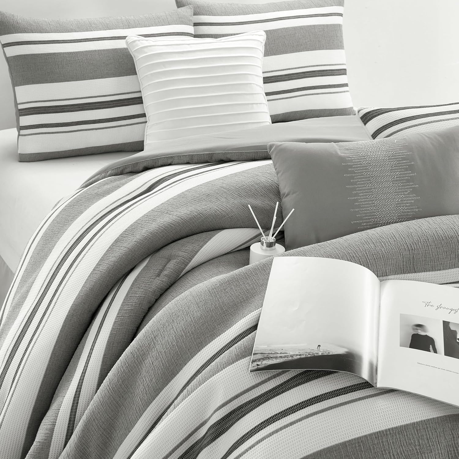 Stratford Park White Grey Comforter Set Queen Size, 7 Piece Geometric Jacquard Bedding Set, Matching Bedskirt, Pillows & Shams, Curtains