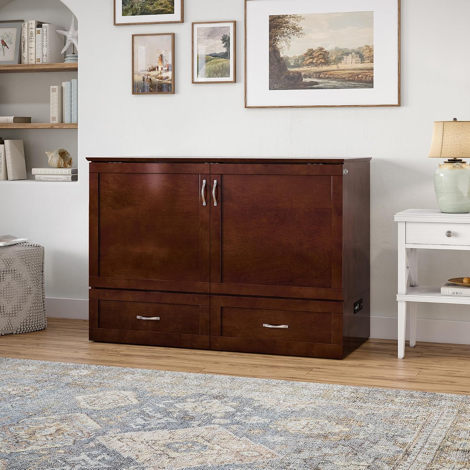 AFI Hamilton Full Murphy Bed Chest with Mattress, Storage, and Built-in Charger in Walnut