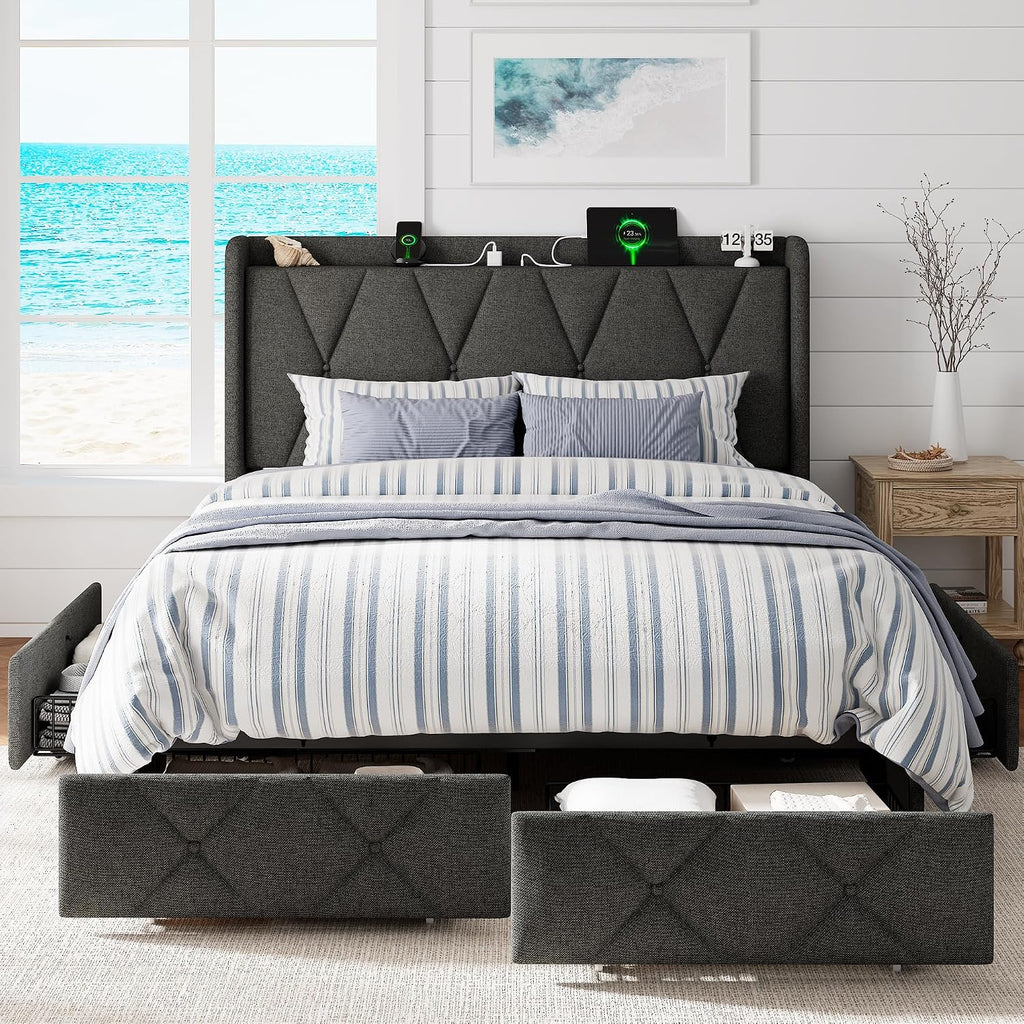 GalnFu Queen Bed Frame with 4 Storage Drawers, Upholstered Platform Bed with Charging Station, Modern Wingback Storage Headboard, Easy Assembly,Noise-Free, Dark Gray