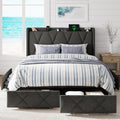GalnFu Queen Bed Frame with 4 Storage Drawers, Upholstered Platform Bed with Charging Station, Modern Wingback Storage Headboard, Easy Assembly,Noise-Free, Dark Gray