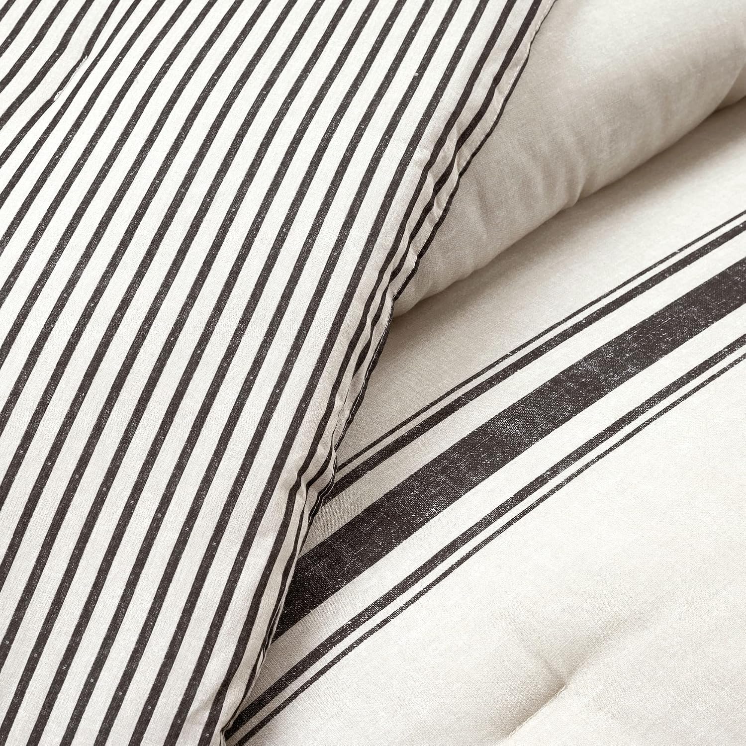 Lush Decor Farmhouse Stripe Reversible Cotton Comforter Set, 3 Piece Set, Full/ Queen, Black - Cozy Farmhouse Bedding Set - Rustic Decor - Striped Comforter - Modern Farmhouse Bedroom Decor