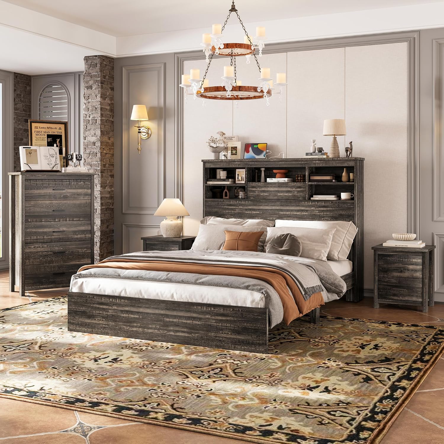4PCS Bedroom Sets, Wooden Queen Size Bed Frame with Storage Headboard and Charging Station, 2 Nightstands with 2 Drawers,1 Dresser with 5 Drawers,Noiseless, No Box Spring Needed (Gray-JU3)