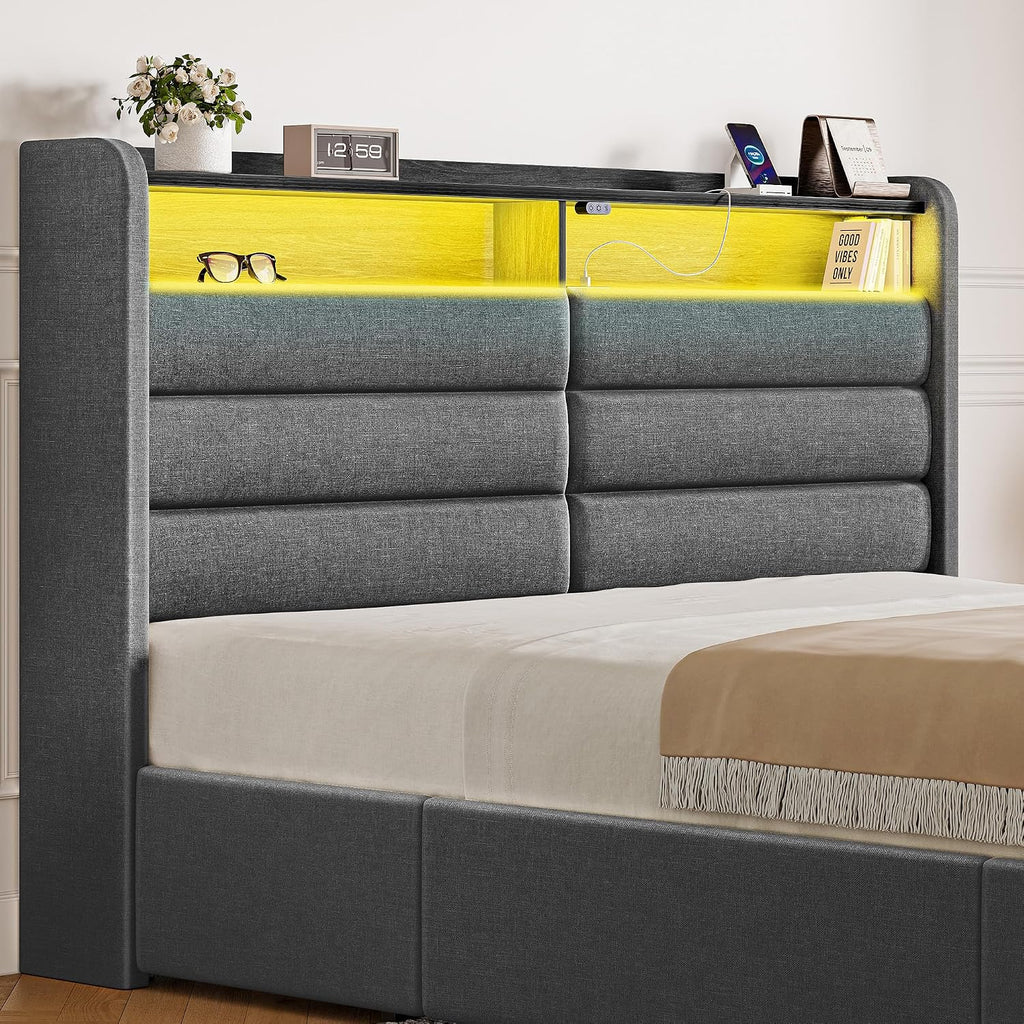 Seventable Twin Bed Frame with Storage Drawers & Charging Station, Upholstered Platform Bed with LED Light and Storage Headboard, Gray, No Box Spring Needed, Noise Free, Easy Assembly