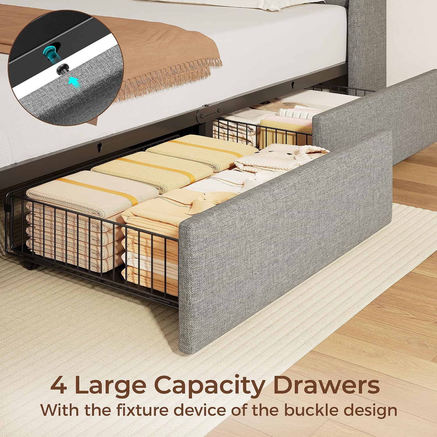 Rolanstar Queen Size Bed Frame with RGB LED Lights & Charging Station, Upholstered Storage Headboard with 4 Drawers, Heavy Duty Metal Frame, No Box Spring Needed, Easy Assembly