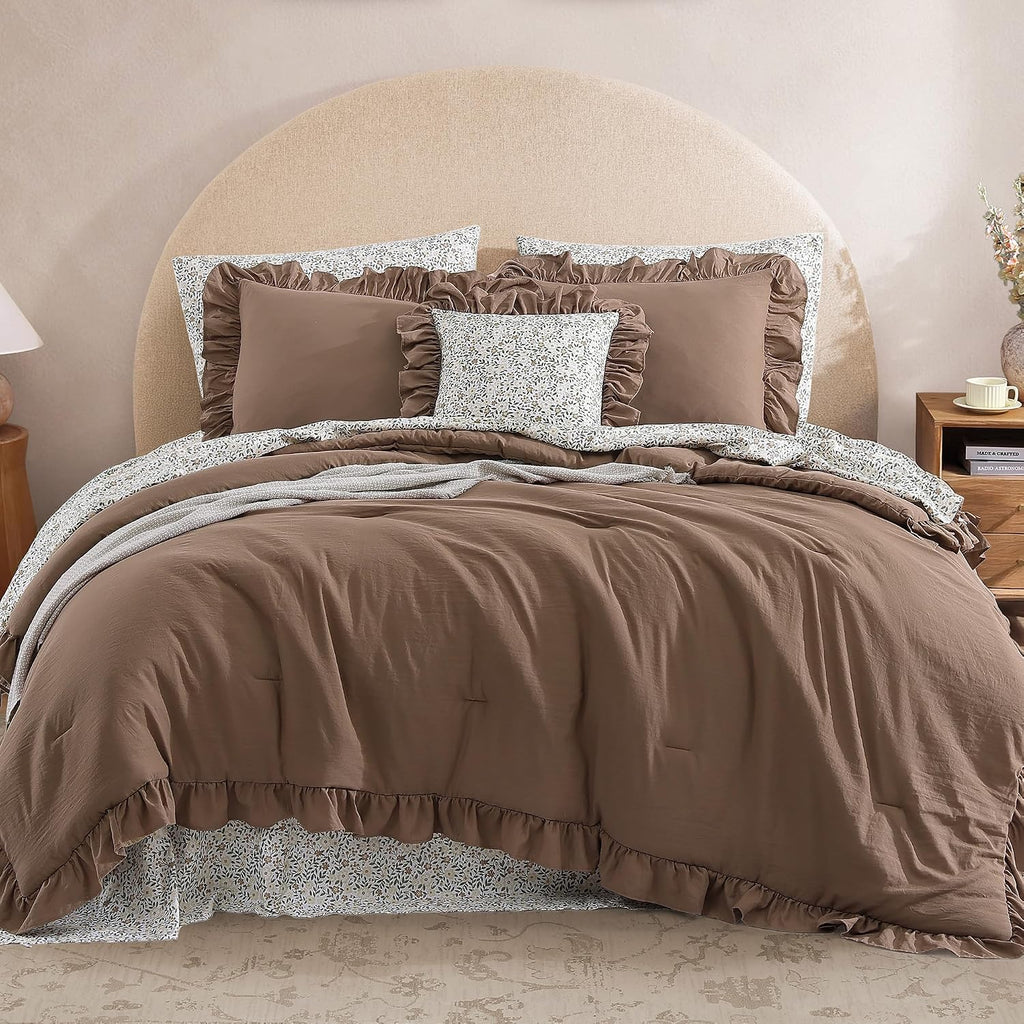 BLOOMHAVEN Oversized King Comforter Set - 7 Pieces Ruffle Amber Brown Bedding Sets, Shabby Chic Farmhouse Bed in a Bag with Ruffle Comforter, Floral Sheets, Pillowcases & Shams