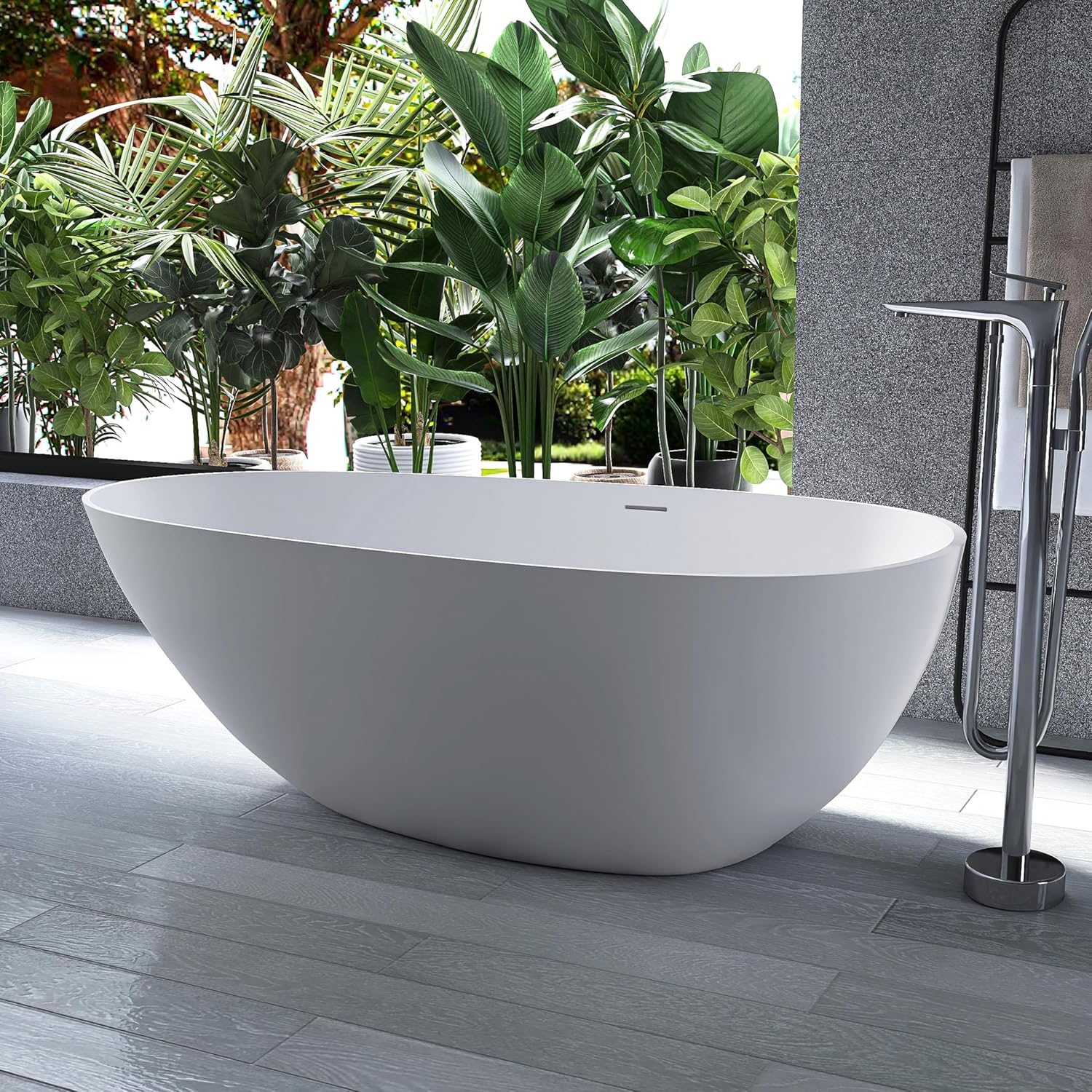 67' Stone Resin Freestanding Bathtub, Oval Solid Surface Bathroom Freestanding Tub, Thin Edge Stand Alone Tub with Integrated Slotted Overflow and Pop-up Drain, Matte White 302-170