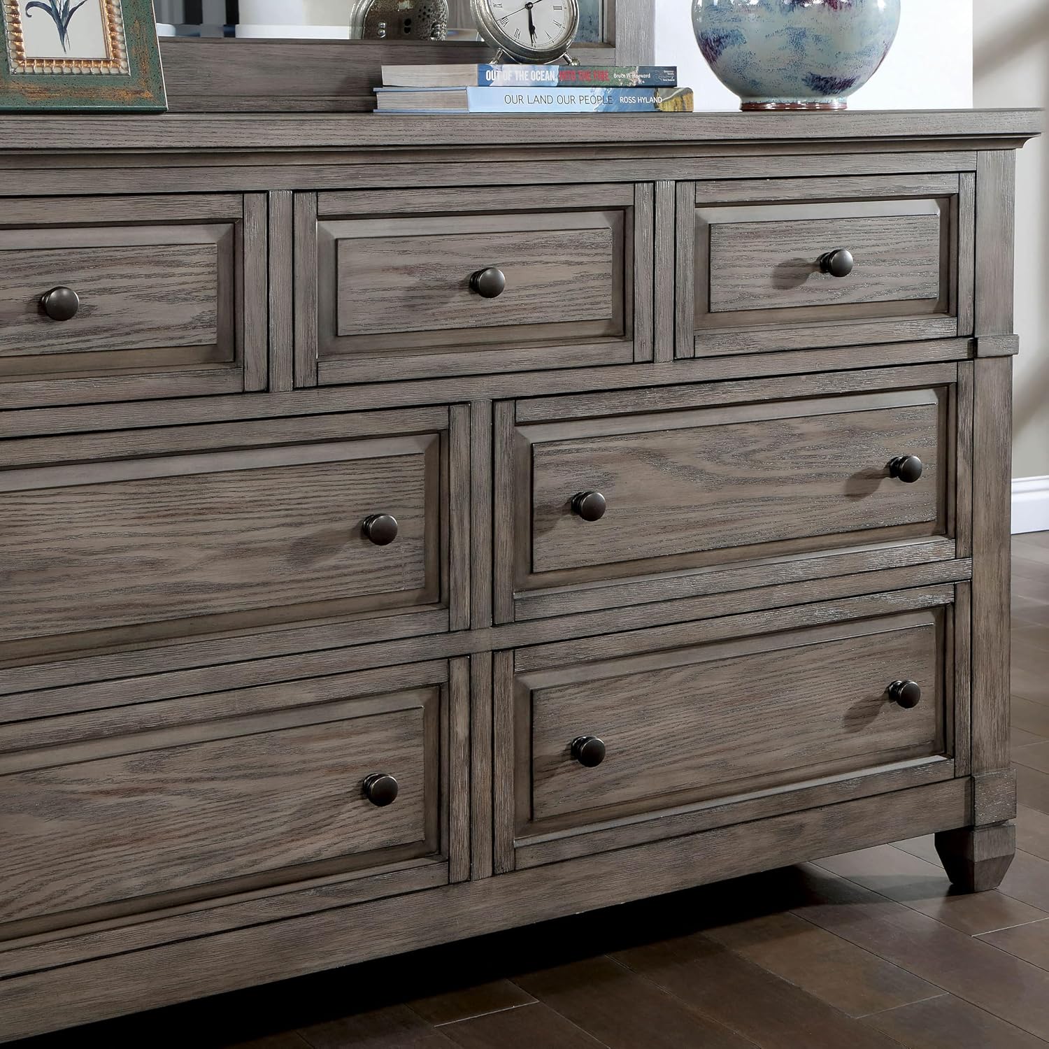 Furniture of America Xephyr Solid Wood 6-Piece Bedroom Set, Queen-Size Bed with Footboard Drawers, Felt-Lined Top & Ball-Bearing Glides, USB Port on Nightstand, Box Spring Required, Warm Gray