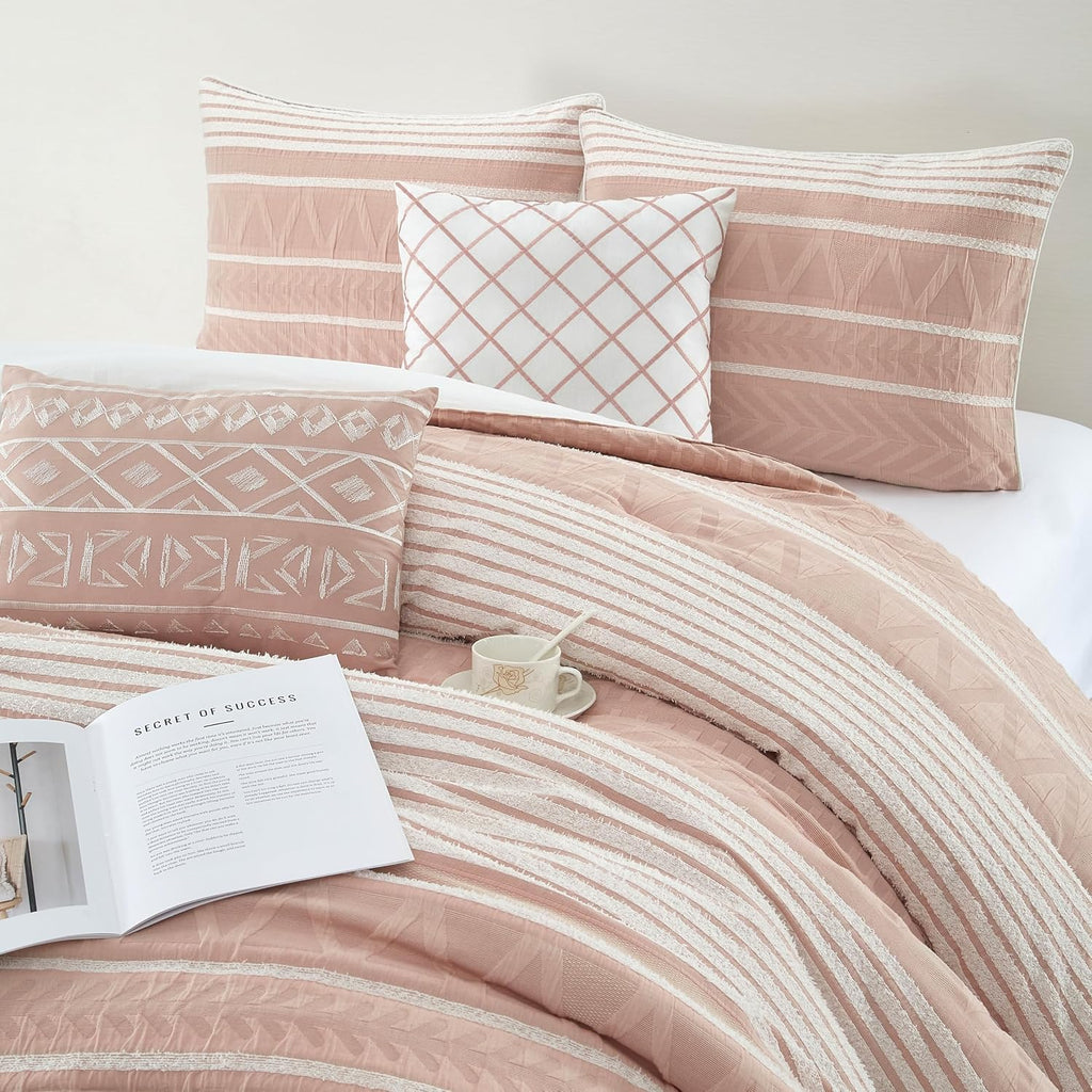 Grand Avenue Cotton Queen Size Comforter Set, 6 Piece, Blush Geometric Jacquard Bedding Set, Bedskirt, Pillows & Shams, Home Decor