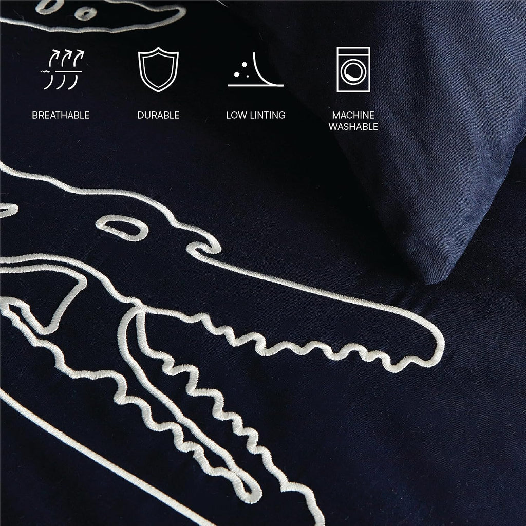 Lacoste Big Croc Comforter Set – 100% Cotton Percale 180-Thread Count, Reversible Duvet & Pillow Shams, Soft Breathable, Iconic Croc Logo, Navy, Full/Queen