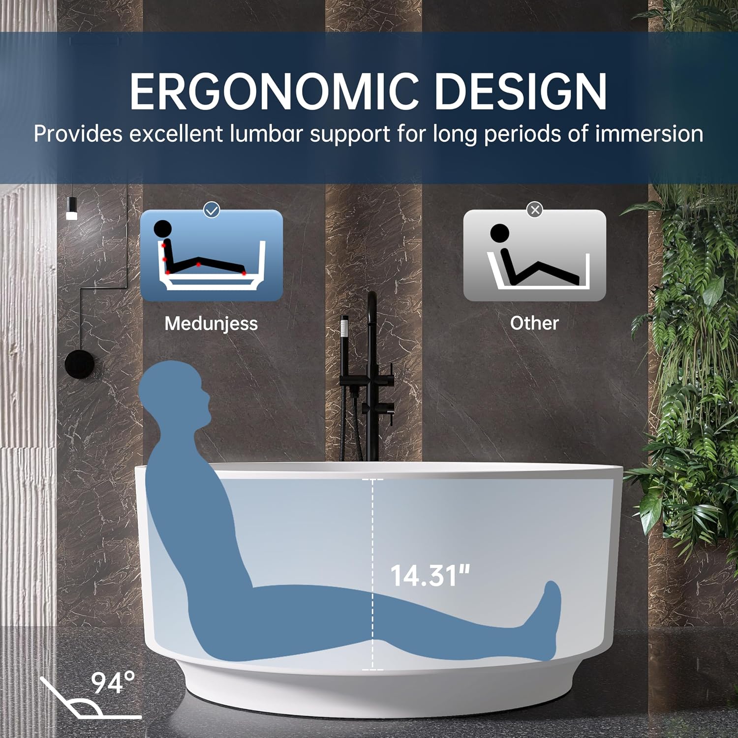 49'' Round Soaking Bathtub Resin Stone Freestanding Bathtub Soaking Deep Tub Solid Surface Bathtub with Overflow and Pop-up drain in White