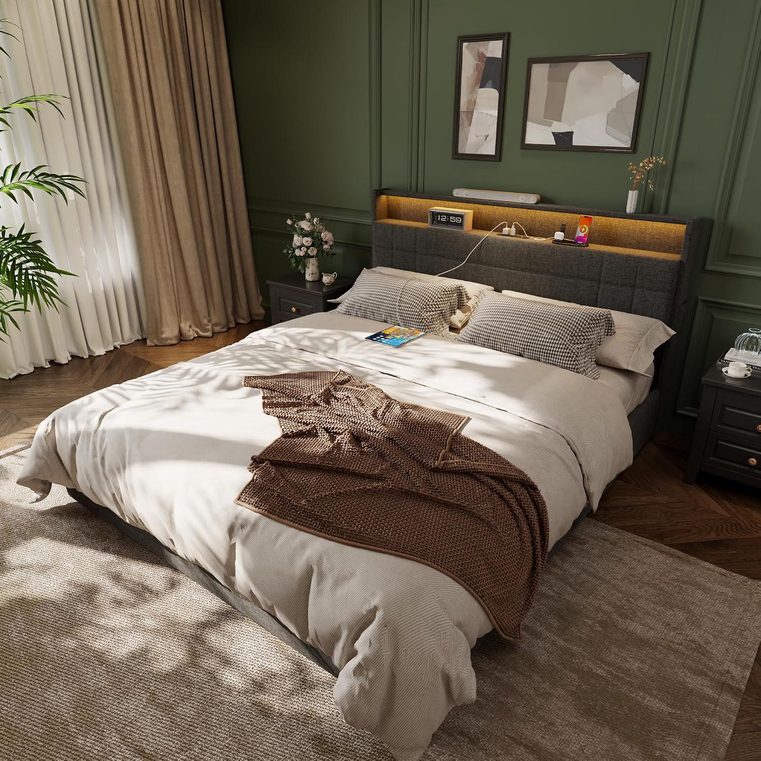 Forestell Full Size Bed Frame with 4 Drawers and Storage Headboard, Grey Upholstered Platform Bed Frame Full Size with Charging Station and LED Lights, Metal Slats Support, No Box Spring Needed