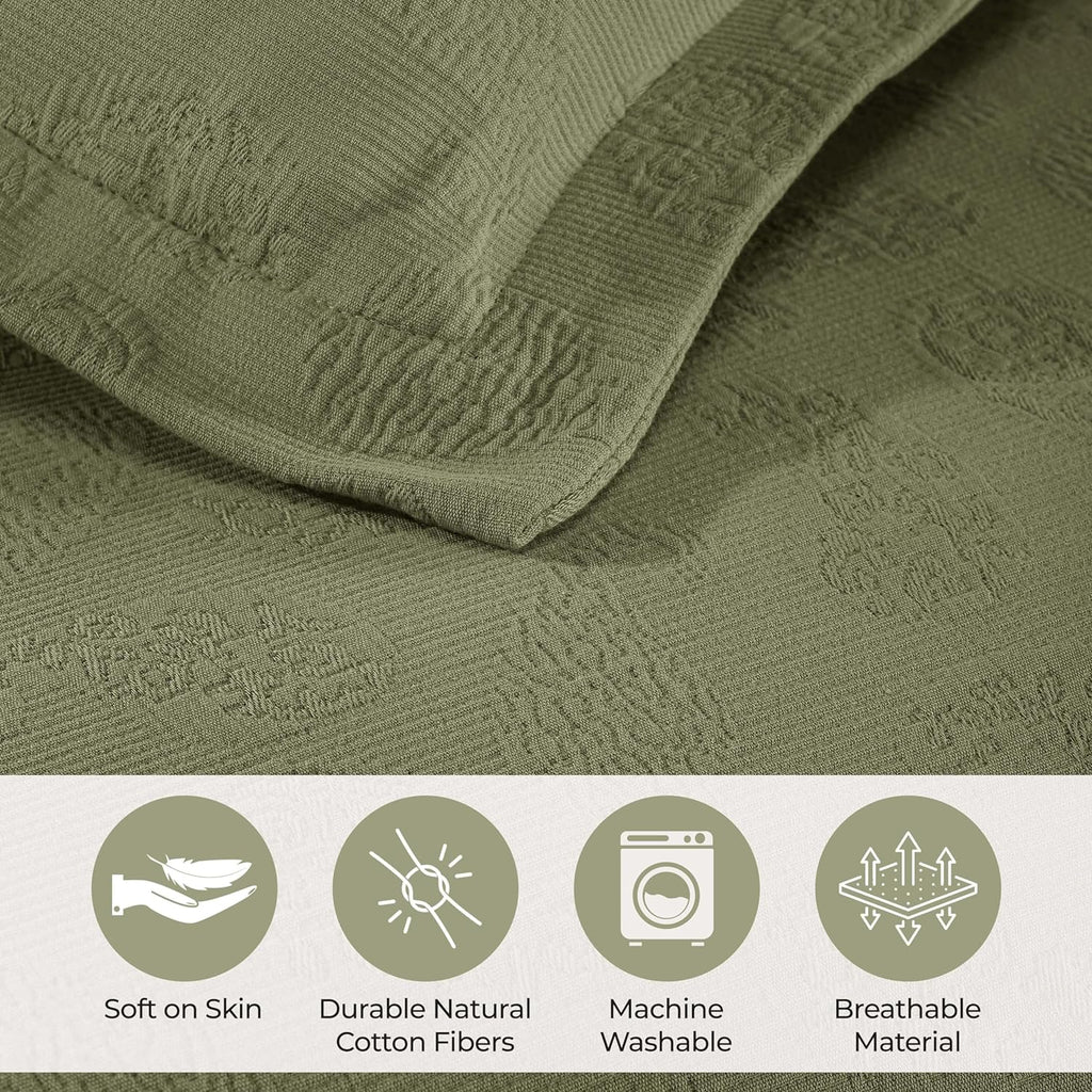 Superior Paisley Cotton 3 Piece Bedspread Set, Home Bed Decor, Decorative Textured Bed Spread, 2 Pillow Shams, Airy Blanket, Matelasse Coverlet Bedding, Vintage Floral Design, King, Sage