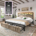 EnHomee Metal Bed Frame Queen Size with 2 Storage Drawers and Headboard,LED Lights, Built in Charging Station,NO Noise,No Box Spring Needed,Grey